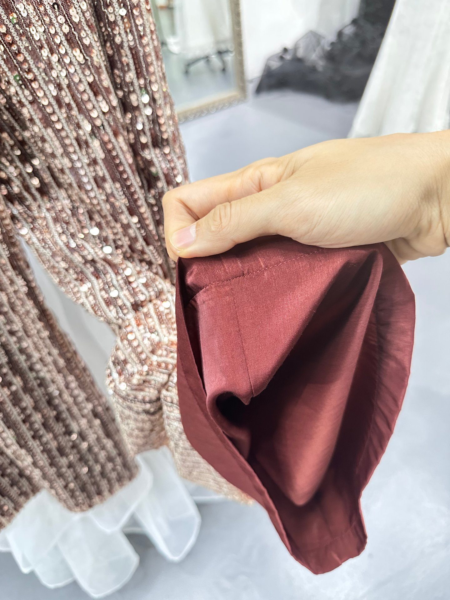 French seam detail on sequin trouser lining, second view, UP Fashion Guangzhou